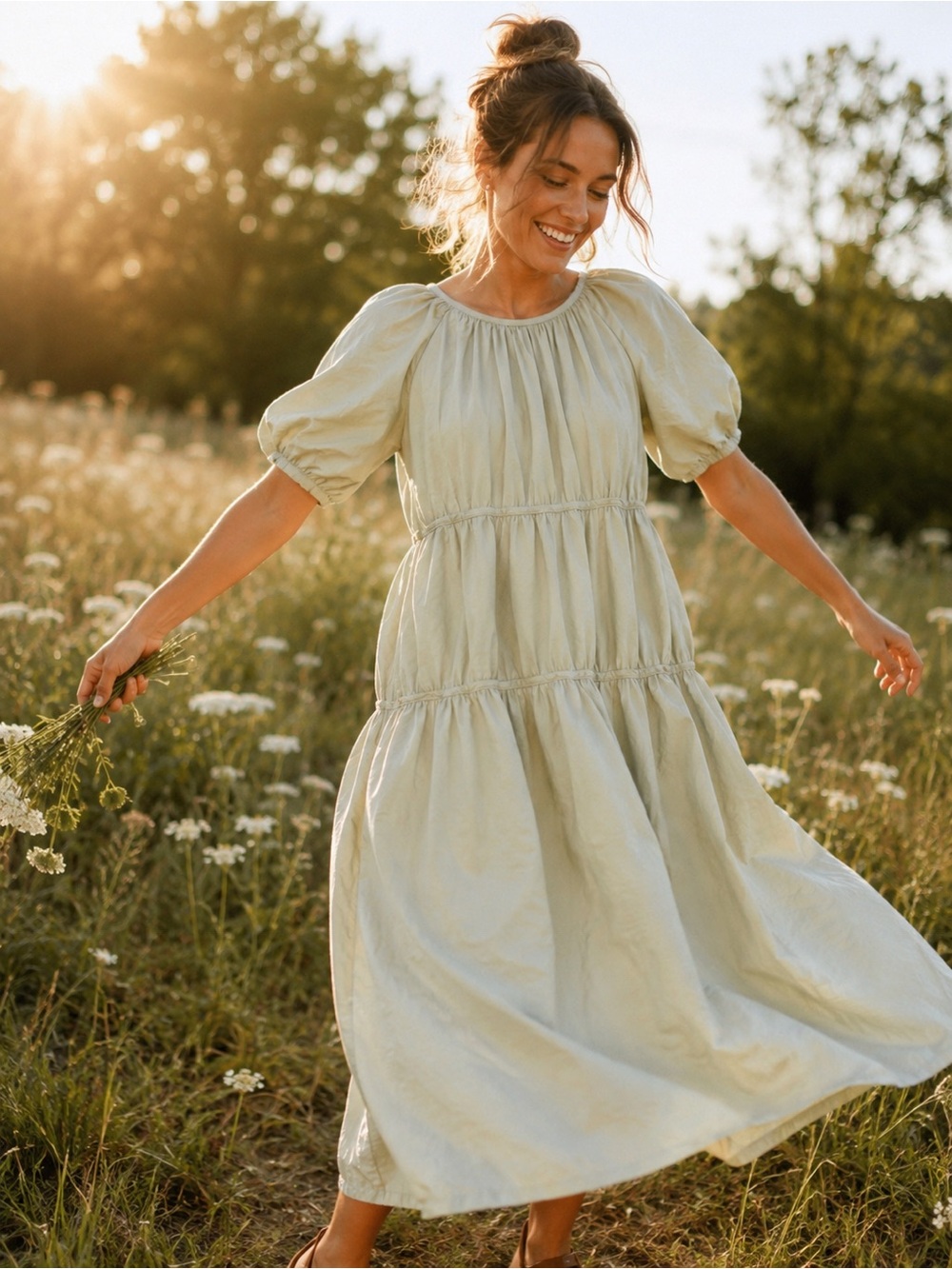MELLODAY Light Sage Tiered Puff-Sleeve Maxi Dress 100% cotton conservative